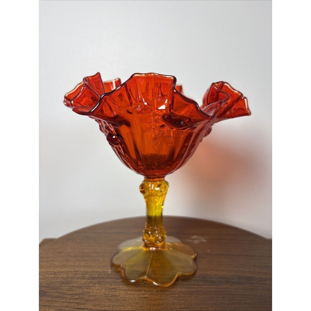 Fenton Orange Amberina Cabbage Rose Ruffled Pedestal Candy Dish 6 1/2" Excellent